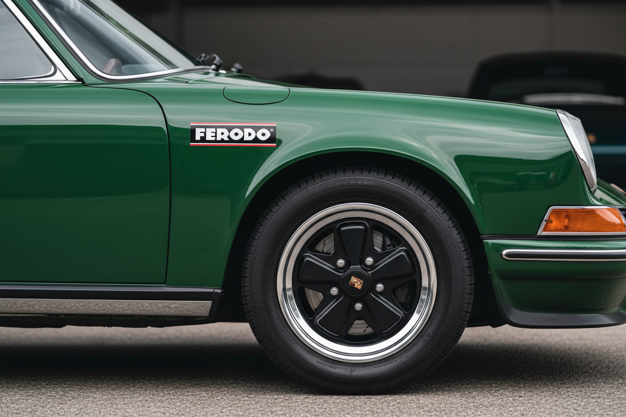 Ferodo sticker on racing green Porsche 911 with Fuchs wheels